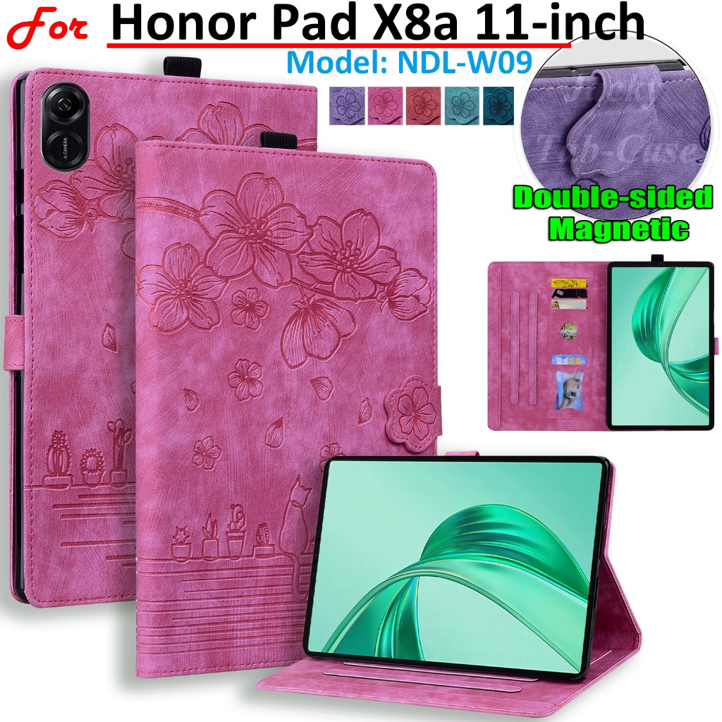 Fit สําหรับ Honor Pad X8a แท็บเล็ต 11.0 "ป้องกันกรณี NDL-W09 11 นิ้วโรแมนติก 3D Cherry Blossom Cat กรณีแม่เหล็กพลิก PU หนังฝาครอบ