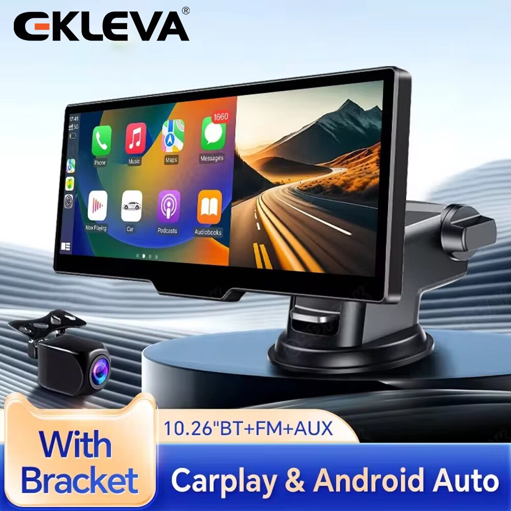 Ekleva 10.26 นิ้ว Dash Cam ไร้สายแบบพกพา Carplay หน้าจอ HD ด้านหลังย้อนกลับกล้องรถ DVR MP5 เครื่องเล