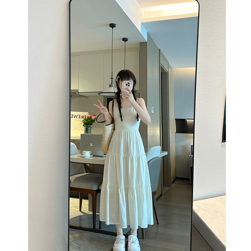 Luna Shop ชุดเดรสทรงสลิปสไตล์ฝรั่งเศสสีเบจผู้หญิง High-End Seaside Holiday สไตล์กระโปรงยาว - รูปที่ 4