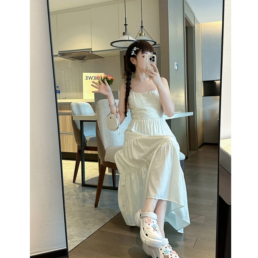 Luna Shop ชุดเดรสทรงสลิปสไตล์ฝรั่งเศสสีเบจผู้หญิง High-End Seaside Holiday สไตล์กระโปรงยาว - รูปที่ 5