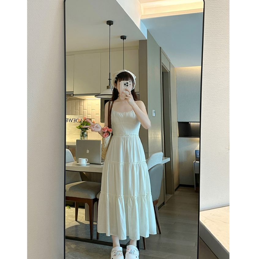 Luna Shop ชุดเดรสทรงสลิปสไตล์ฝรั่งเศสสีเบจผู้หญิง High-End Seaside Holiday สไตล์กระโปรงยาว - รูปที่ 7