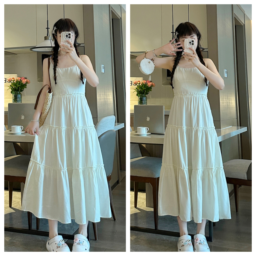 Luna Shop ชุดเดรสทรงสลิปสไตล์ฝรั่งเศสสีเบจผู้หญิง High-End Seaside Holiday สไตล์กระโปรงยาว