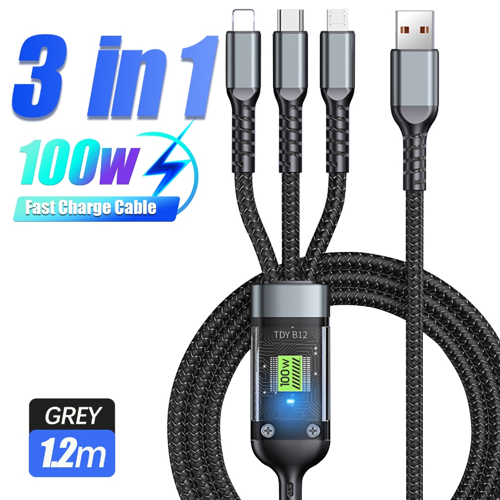3 In 1 100W Type C สายจอแสดงผลดิจิตอล PD Fast สายชาร์จ USB C โทรศัพท์มือถือสายชาร์จข้อมูล