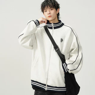 SUIKONE ซุยโคเนะ อเมริกันย้อนยุคยืนปกปักแจ็คเก็ตเบสบอลฤดูใบไม้ร่วงผู้ชายและผู้หญิงสีคมชัดแจ็คเก็ตหลวม