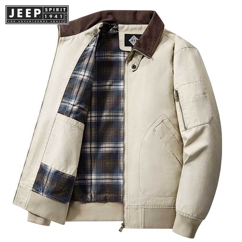 Jeep SPIRIT 1941 ESTD เสื้อแจ็คเก็ตนักบินผ้าฝ้ายผู้ชายฤดูใบไม้ผลิและฤดูใบไม้ร่วง American lapel workwear เสื้อแจ็คเก็ตเบสบอล