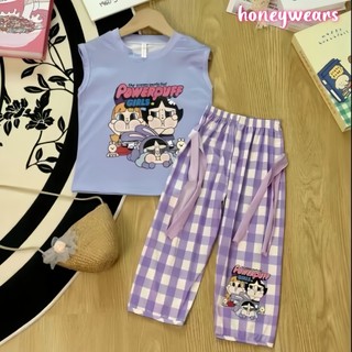 honeywears⚡️พร้อมส่ง⚡️ชุดเซ็ตแฟชั่นเด็ก เสื้อแขนกุดกางเกงลายสก็อต งานสกรีนลายน่ารัก ลำลอง สไตล์เกาหลี ฤดูร้อน ไซส์ 110-150
