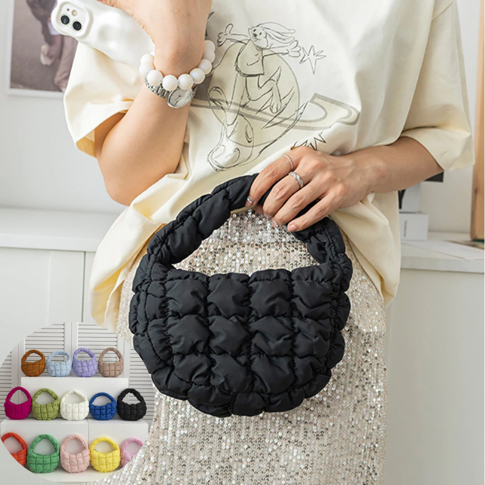 Nly Fashion Puffer Tote Bag Quilted Circle Phone Bag Elegant Purple Nylon Soft Cushion Bag Trend Handbag N