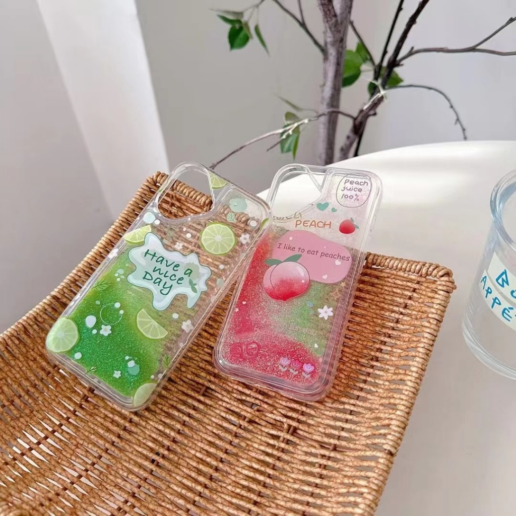 Iphone 16 Plus 15 Pro 14 Pro Max 12 11 13 น่ารักมะนาวพีชลวดลาย Glitter ลอย Liquid Bling Quicksand กรอบนุ่ม Hard Back Case Cover