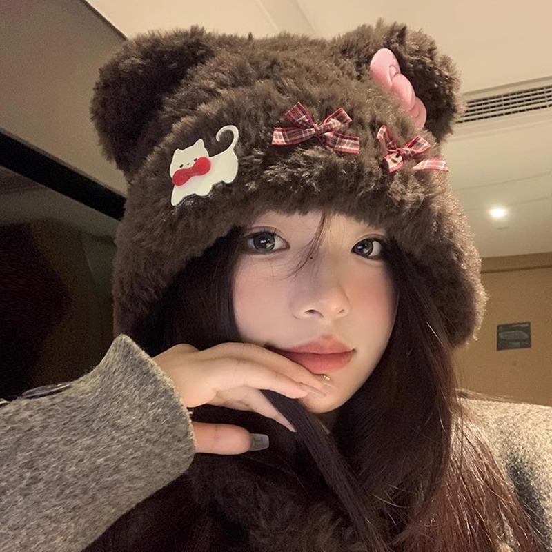 หูหมีน่ารักแมวโบว์หมวกตุ๊กตาหญิงฤดูใบไม้ร่วงฤดูหนาวที่อบอุ่นป้องกันหู เล่ย ฮ หมวกหมวกใบหน้าขนาดเล็ก