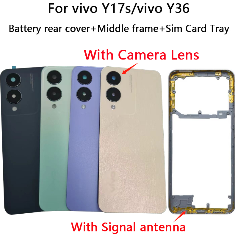 ใหม่ปกหลังสําหรับ vivo Y17s/vivo Y36 แบตเตอรี่ + กรอบกลาง + ถาดซิมด้านหลังประตูกรณีพร้อมเลนส์กล้อง