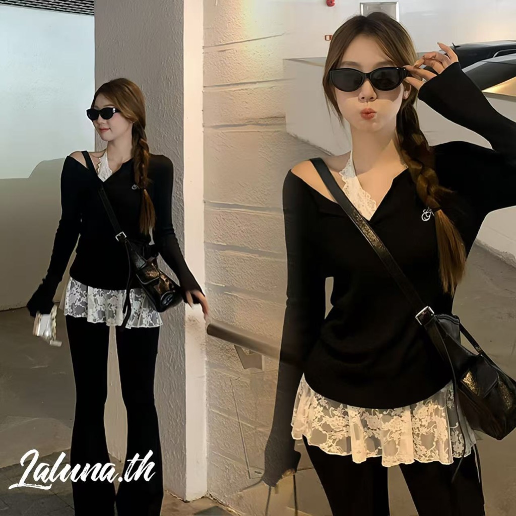 Lln พร้อมส่ง ชุด 2 ชิ้น ~ ลูกไม้เชือกแขวนคอคอวีแขนยาวผ้าฝ้ายเสื้อยืดของผู้หญิงใหม่ชั้นในเสื้อหวานสาวร้อนชุดสองชิ้น