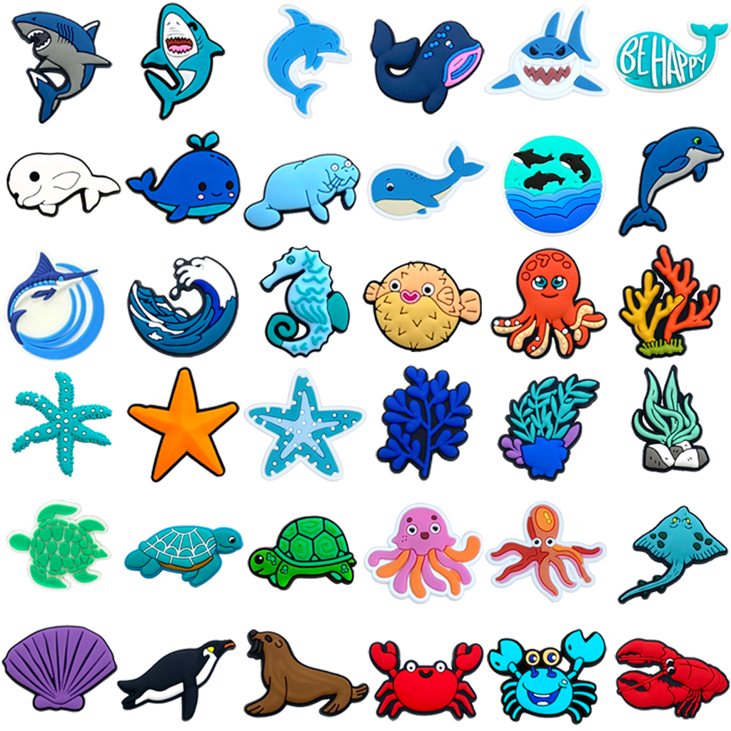 36 ชิ้น Ocean Series รองเท้า Charms อุปกรณ์เสริม DIY สําหรับตกแต่ง PVC Fit Bubble สไลด์รองเท้าแตะ