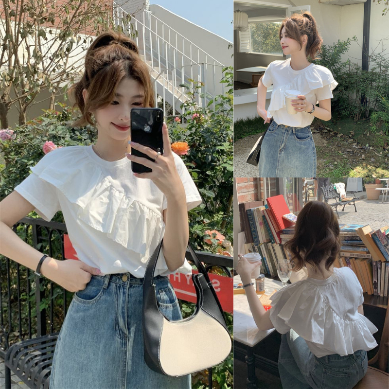 เสื้อยืดแขนสั้น ทรงหลวม แต่งระบาย สุดชิค แฟชั่นฤดูร้อน สําหรับผู้หญิง