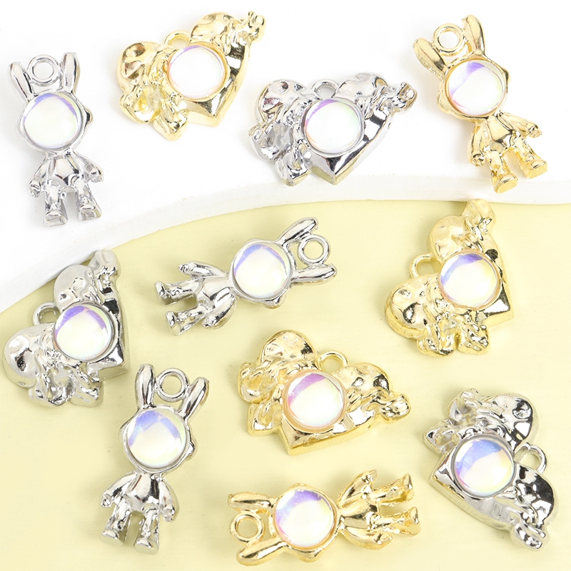 10 ชิ้น Sense of Future Illusionary แก้วสี Inlay Alloy Charms – Space Rabbit & Love Heart Planet Design DIY Hip Hop สไตล์สร้อยคอสร้อยข้อมือพวงกุญแจจี้โลหะมันวาว