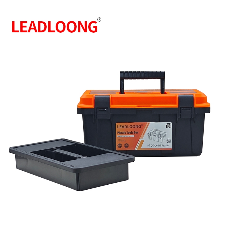 LEADLOONG กล่องเครื่องมือพลาสติกขนาด 15 นิ้ว พร้อมช่องเก็บของอเนกประสงค์แบบพกพา สีดำ/ส้ม