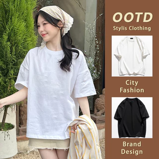 (จัดส่งตลอด 24 ชั่วโมง) NFV เสื้อยืด oversize สีทึบ ระบายอากาศ คอเสื้อ สไตล์เรียบง่าย เสื้อสตรี ผ้าฝ้าย YG0