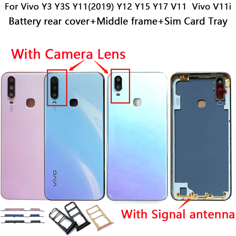ฝาหลังใหม่สําหรับ Vivo Y3 Y3S Y11(2019) Y12 Y15 Y17 V11 Vivo V11i ฝาครอบแบตเตอรี่ + กรอบกลาง + ถาดซิมด้านหลังประตูพร้อมเลนส์กล้อง