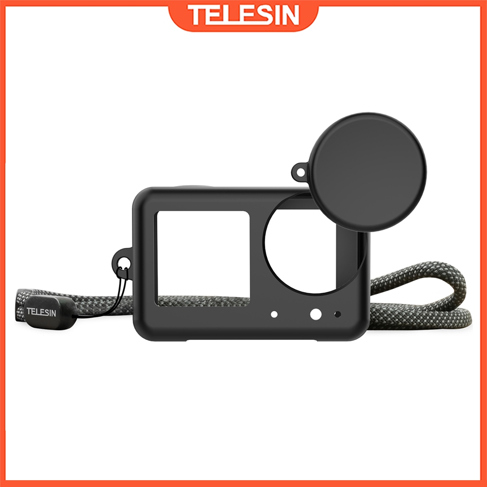 Telesin เคสซิลิโคนสําหรับ DJI Osmo Action 4 3 เคสนิ่มพร้อมฝาครอบเลนส์สายคล้องมือ