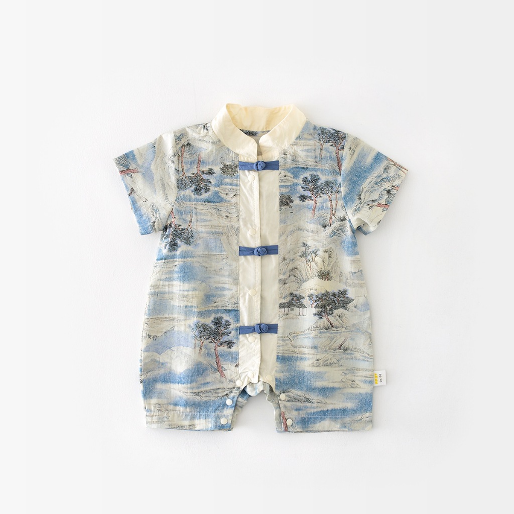 ทารกแรกเกิดเด็กทารกสไตล์จีนย้อนยุค Tang สไตล์ jumpsuit ภูมิทัศน์จีนภาพวาดรูปแบบผ้าฝ้ายแขนสั้น jumpsuit