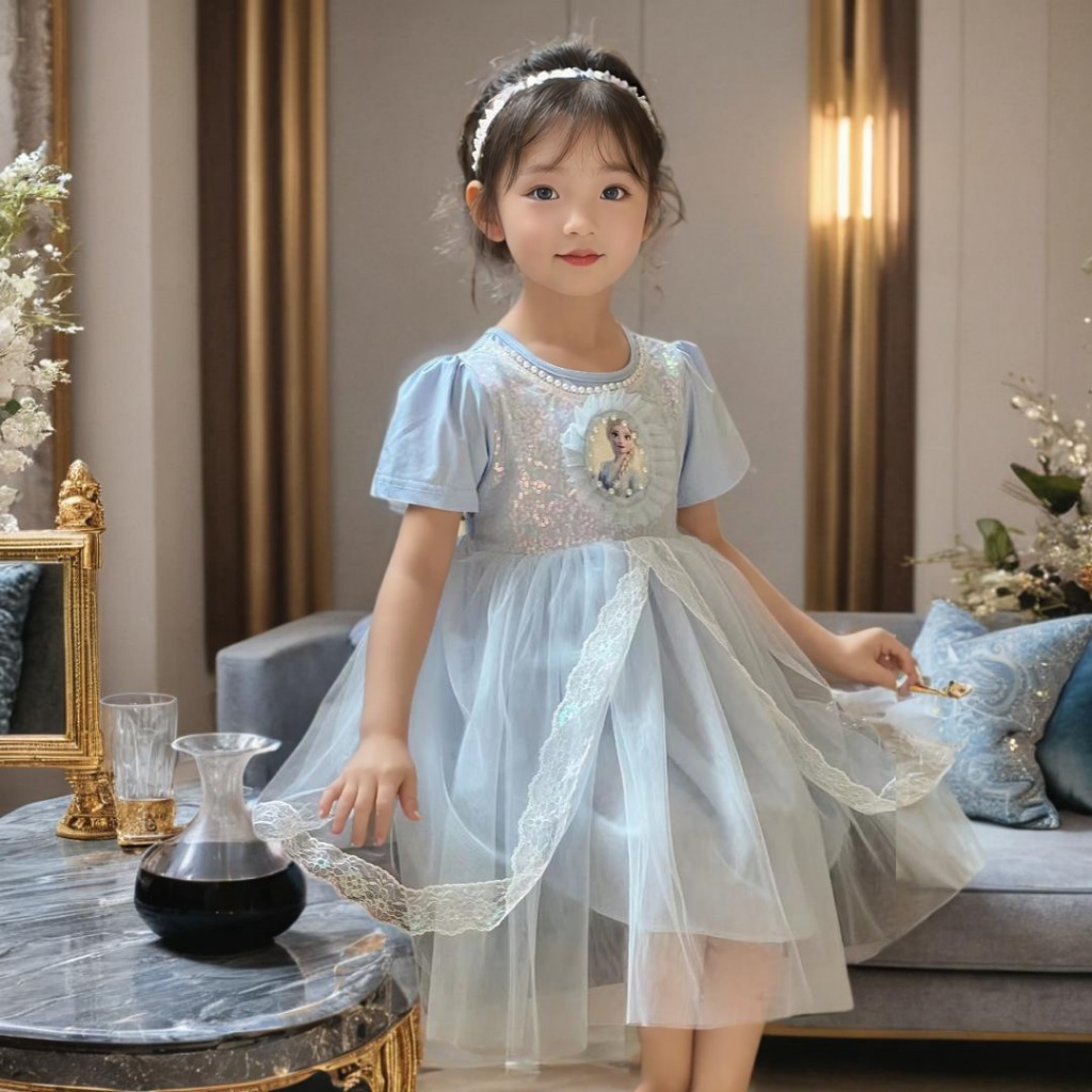 สาวแต่งตัวใหม่แช่แข็งชุดเจ้าหญิงกระโปรงเด็กผ้าฝ้ายเลื่อมชุดเด็กสาวเสื้อผ้าแฟชั่น