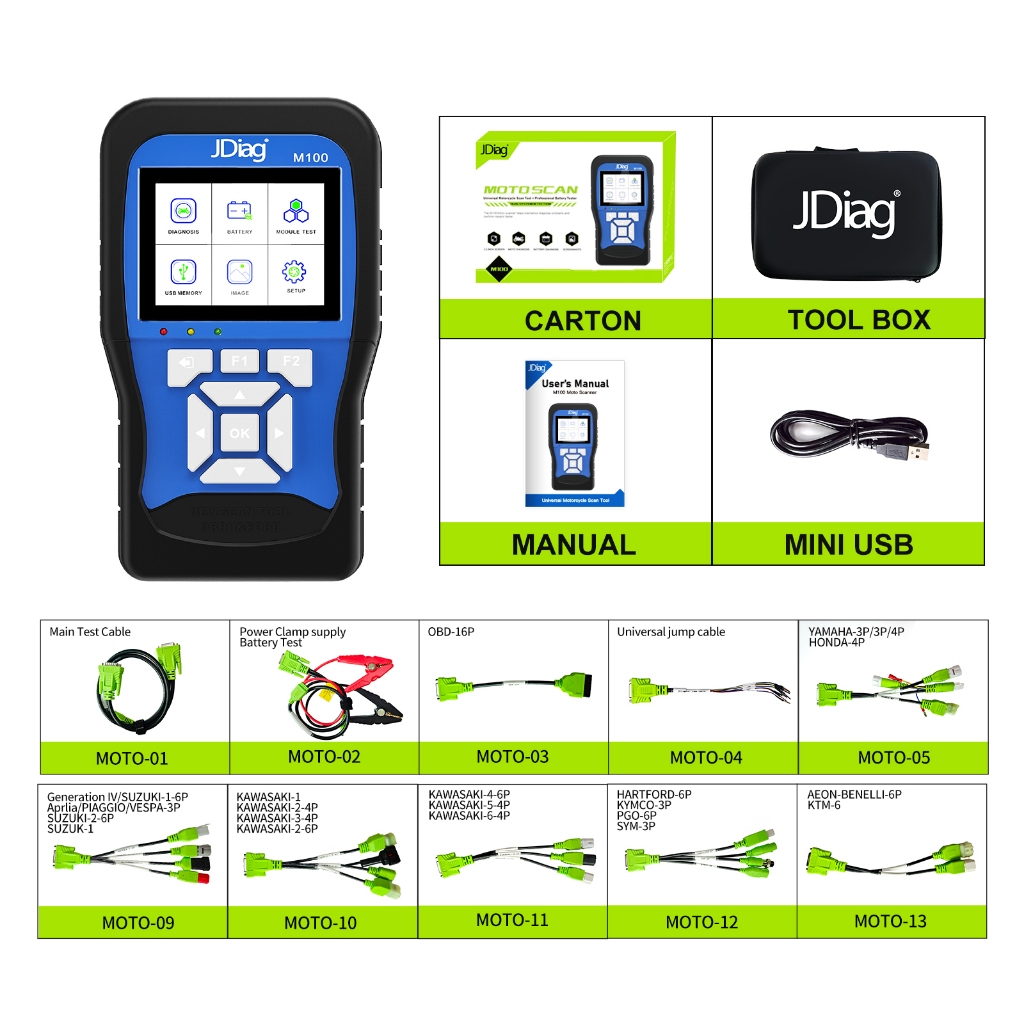 Jdiag M100 เครื่องมือวินิจฉัยรถจักรยานยนต์ชุดเต็มรุ่น Moto Scanner Universal รถจักรยานยนต์สแกนเครื่องมือ M100 Multi-Language
