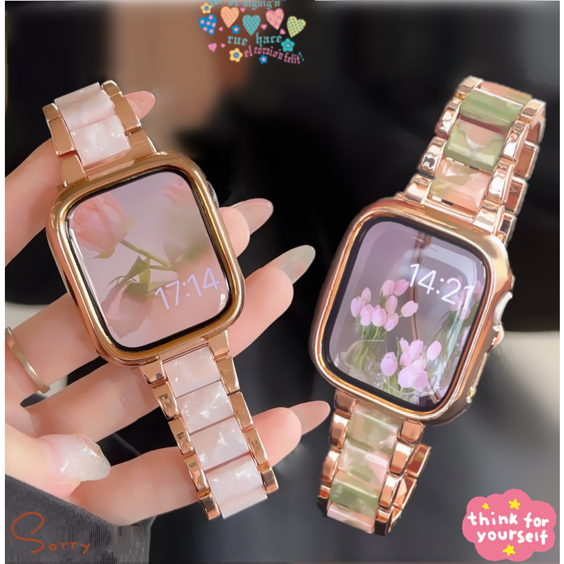 เคสหรู + สายรัดสําหรับ iWatch Strap Case Resin Metal i Watch Strap Elegant Band For i Watch Case Series11 10 9 8 7 6 5 4 3 2 1, SE,SE2, Ultra Strap ขนาด 49mm 41mm 45mm สาย i watch Strap and เคส i watch case