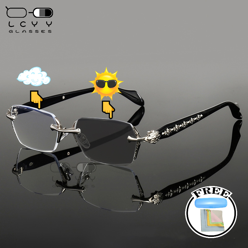 ฟรีกล่องกระจก+ผ้ากระจก Photochromic ป้องกันรังสีแว่นตาสําหรับผู้หญิงผู้ชายไม่มีขอบ Transition Frameless สี่เหลี่ยมผืนผ้าแว่นตา Shades ไม่มีกรอบแว่นตาคอมพิวเตอร์ป้องกันแสงสีฟ้า