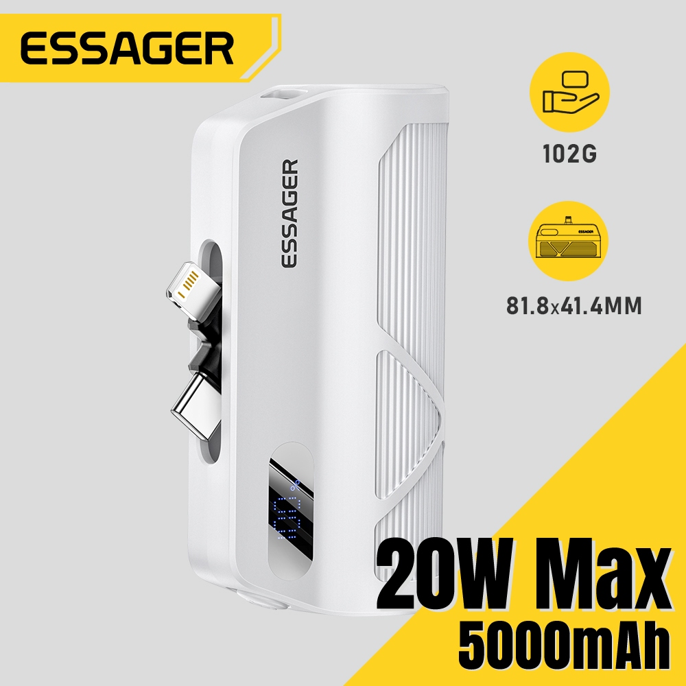 Essager Type-C+L 5000mAh Mini Fast Charging แบตสํารองแบบพกพาในตัวสาย Powerbank ชาร์จจอแสดงผล LED ดิจิตอล