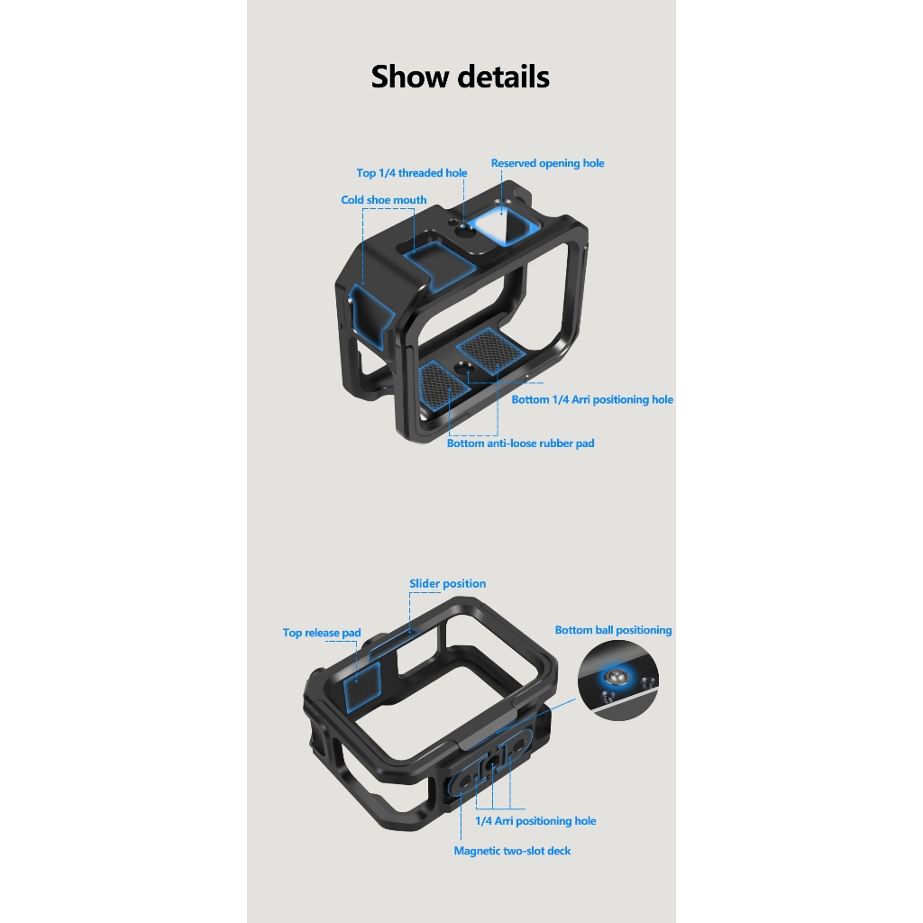 Feichao สําหรับ GoPro Hero 13 / 12 / 11 / 10 / 9 Action กล้องกรงกรอบโลหะพร้อมวงเล็บอะแดปเตอร์แม่เหล็กแบบพับได้