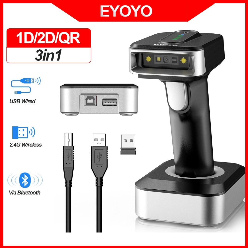 Eyoyo 1D 2D Barcode Scanner 3IN1 ผ่านบลูทูธ 2.4G ไร้สาย USB แบบมีสาย QR Code Screen Scan Reader พร้อมฐาน Barcode Scanner, 2500mAh แบตเตอรี่ตัวบ่งชี้ระดับพลังงาน
