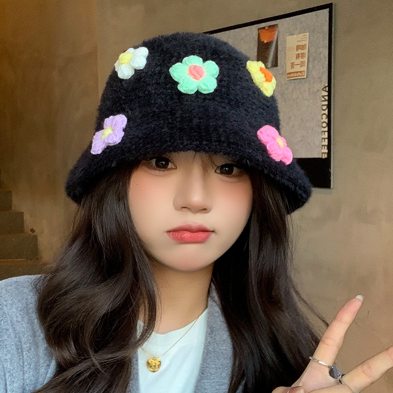 หมวกตุ๊กตาหญิงญี่ปุ่นน่ารักดอกไม้ถังหมวกเกาหลีรุ่นสไตล์ใหม่ฤดูใบไม้ร่วงฤดูหนาวที่อบอุ่นเย็นหลักฐานแสดงใบหน้าหมวกอ่างขนาดเล