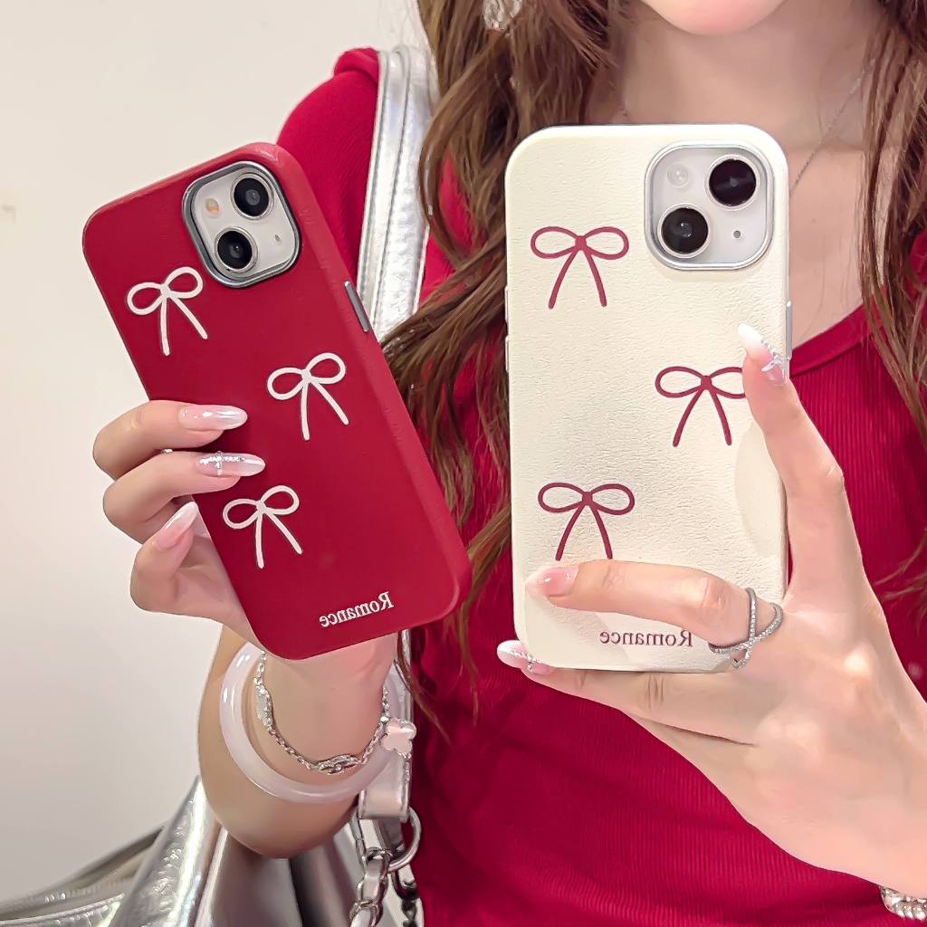 Ins หนังไฟฟ้าเกาหลีสามโบว์ Tie เคสโทรศัพท์สําหรับ iPhone 16 15 14 13 Pro Max ฝาหลัง