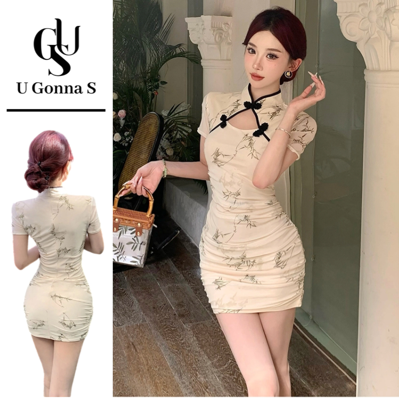 U Gonna S ผู้หญิงชุดปรับปรุง Cheongsam โมเดิร์นเลดี้แขนสั้นเซ็กซี่เหนือเข่าดอกไม้จีนปีใหม่แฟชั่น Bodycon 2024 ยืดเสื้อผ้าแบบดั้งเดิมงานเลี้ยงอาหารค่ํา