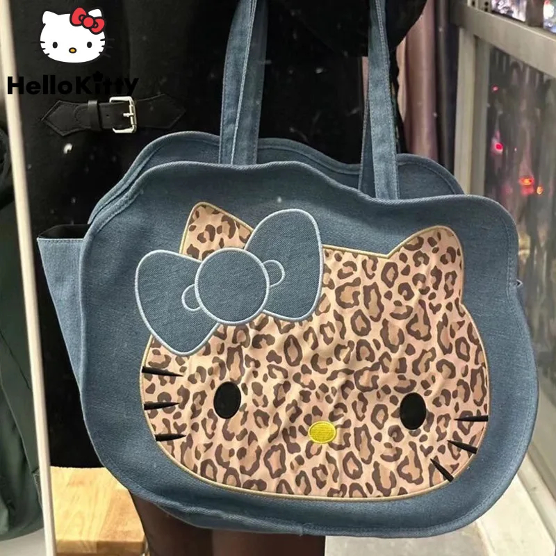 Sanrio Hello Kitty คาวบอยลายเสือดาวกระเป๋าสะพายไหล่ผู้หญิงใหม่กระเป๋าถือความจุขนาดใหญ่สไตล์เกาหลี Y2k สาวแนวโน้มแฟชั่น Tote