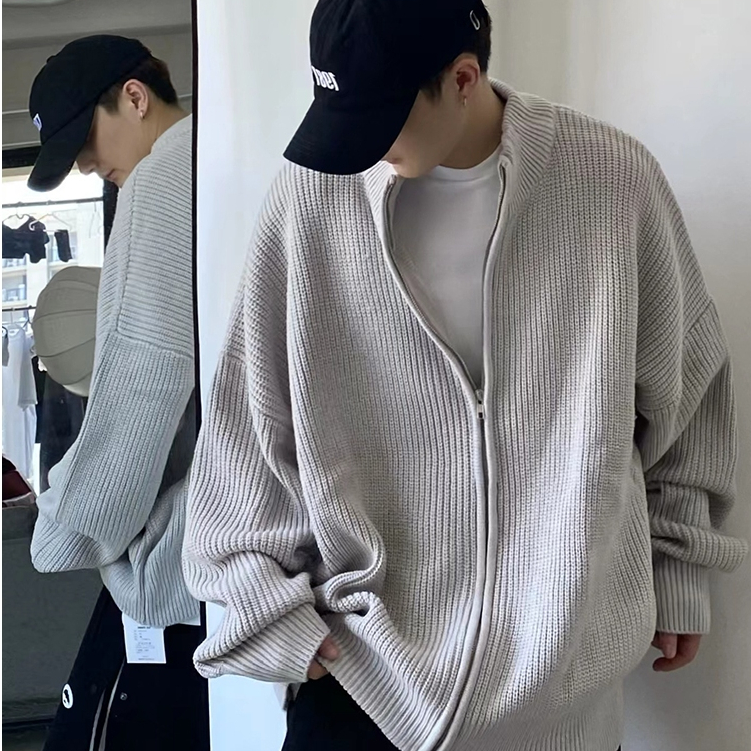 ฤดูใบไม้ร่วงฤดูหนาวยืนขึ้นปกสไตล์ขี้เกียจซิปถักคาร์ดิแกนผู้ชายหลวมสบายๆสีทึบเสื้อกันหนาวเสื้อผู้ชาย ม