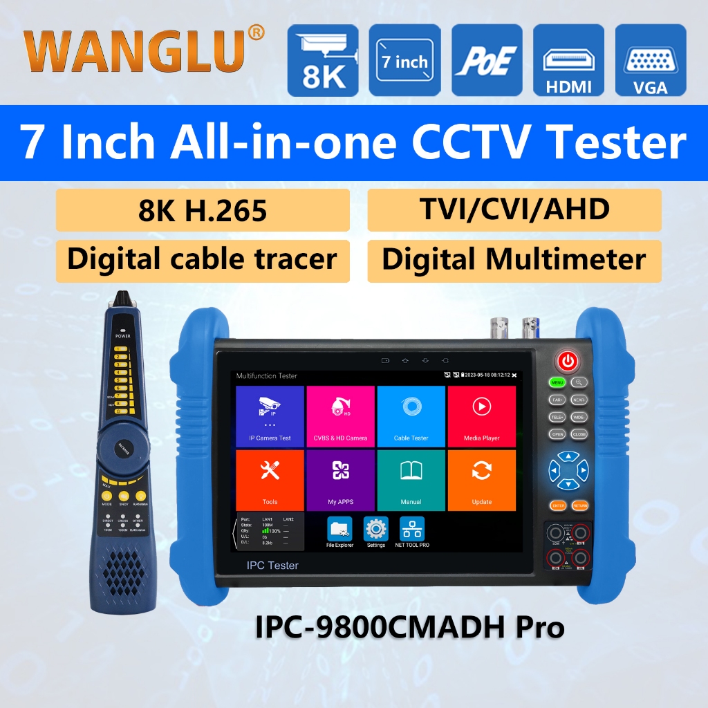 WANGLU IPC-9800CMADH Pro IPC TESTER 8MP TVI CVTI AHD มัลติมิเตอร์แบบดิจิตอลสาย tracer กล้องวงจรปิด T