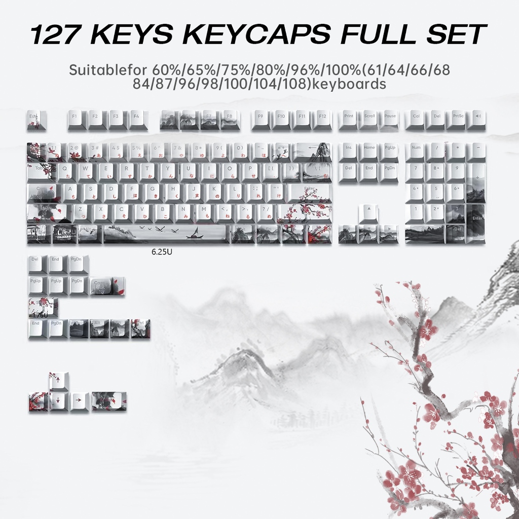 Xvx Plum Blossom Japanese Root Cherry profile Double shot Dye-Sub PBT Keycap Set (127 คีย์) เหมาะสําหรับเดสก์ท็อปคีย์บอร์ดแบบกลไก
