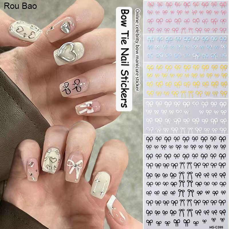 Rou Bao เล็บโบว์ริบบิ้นสติกเกอร์สีดําสีขาวสีแดง 6 สีด้านหลังกาวเล็บ Art DIY ตกแต่ง