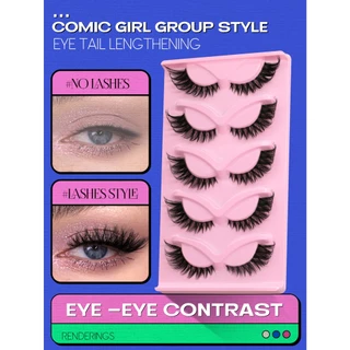 Groinneya ขนตาปลอม 5 คู่ สไตล์แคทอาย แบบกาวในตัว ดูเป็นธรรมชาติมาก ขนตายาวฟู สีดำ 3D สำหรับแต่งหน้า