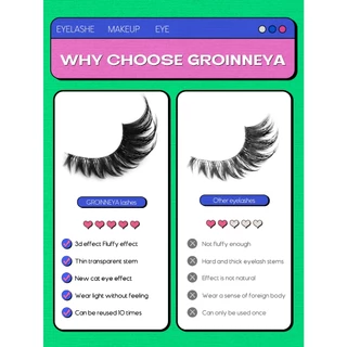 Groinneya ขนตาปลอม 5 คู่ สไตล์แคทอาย แบบกาวในตัว ดูเป็นธรรมชาติมาก ขนตายาวฟู สีดำ 3D สำหรับแต่งหน้า
