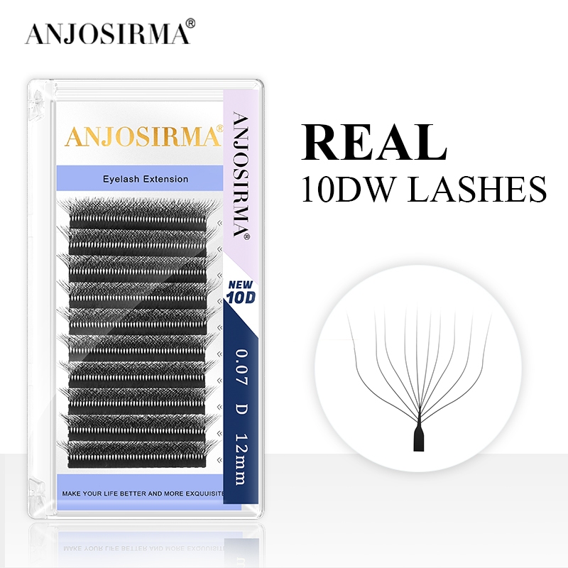 Anjosirma จริง 10D W รูปร ่ างธรรมชาติ Soft Eyelash Extensions Premade Volume พัดลมใบ C/D/DD Curly อัตโนมัติดอกขนตาปลอม