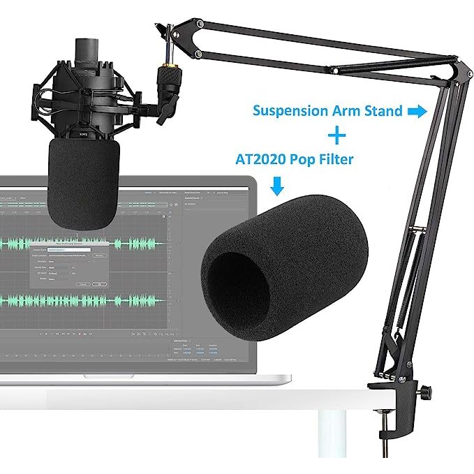 At2020 ขาตั้งไมโครโฟนพร้อม Pop Filter - ไมโครโฟน Boom Arm Stand และกระจกโฟมเข้ากันได้กับ Audio-Techn