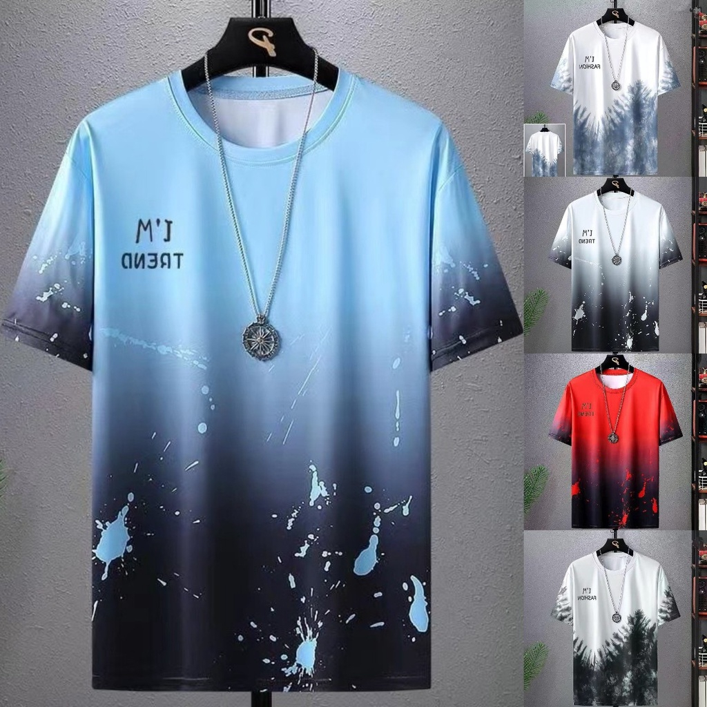 เสื้อยืดลําลอง แขนสั้น คอกลม ทรงหลวม ไล่โทนสี แบบเรียบง่าย แฟชั่นฤดูร้อน สําหรับผู้ชาย