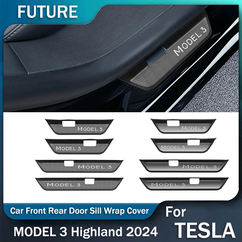 【การจัดส่งที่รวดเร็ว】สำหรับ Tesla Model 3 Highland 2024 ด้านหน้าด้านหลังประตูSill Wrap Cover Anti ScratchสแตนเลสสตีลประตูSill Stripแผ่นอุปกรณ์เสริม