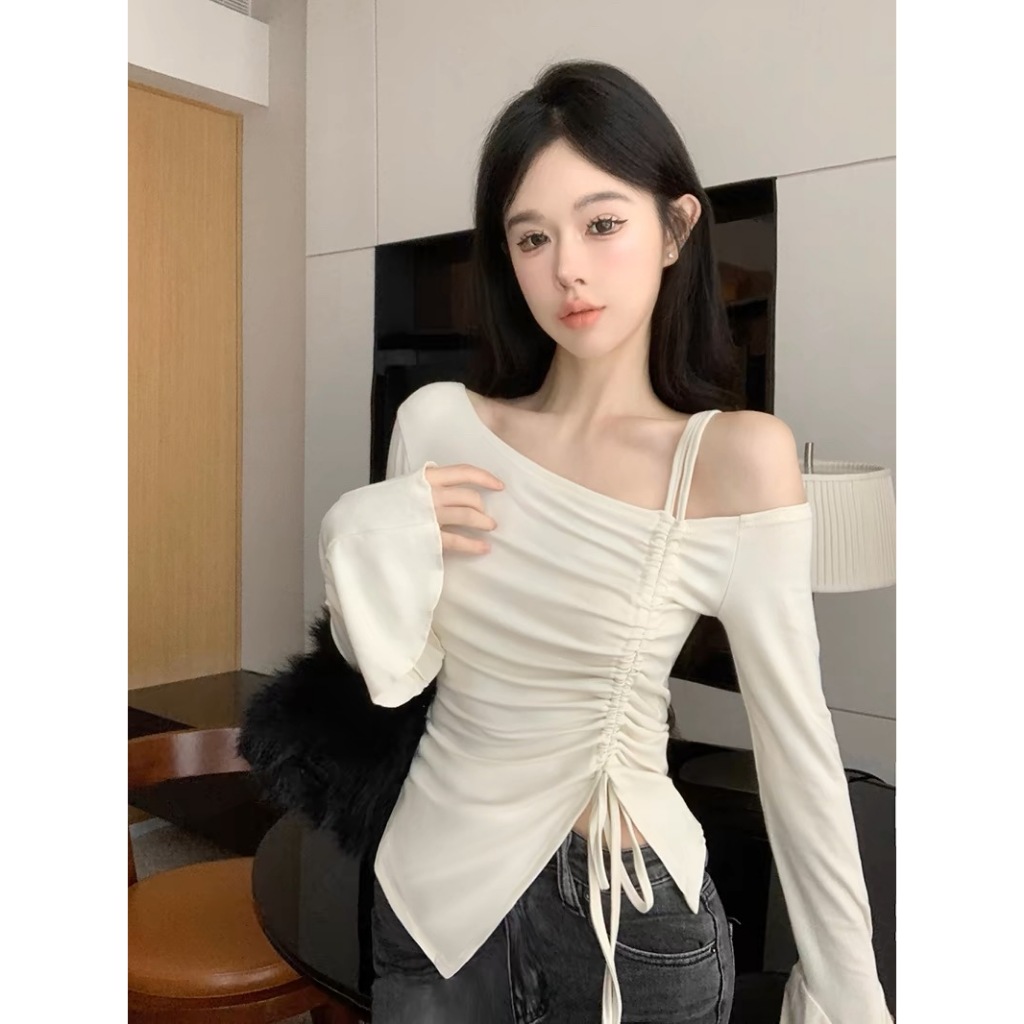 Alika ผู้หญิงบริสุทธิ์ปรารถนาสไตล์แฟชั่นปิดไหล่เชือกรูดไม่สม่ําเสมอสลิมฟิตแขนยาว bottoming top