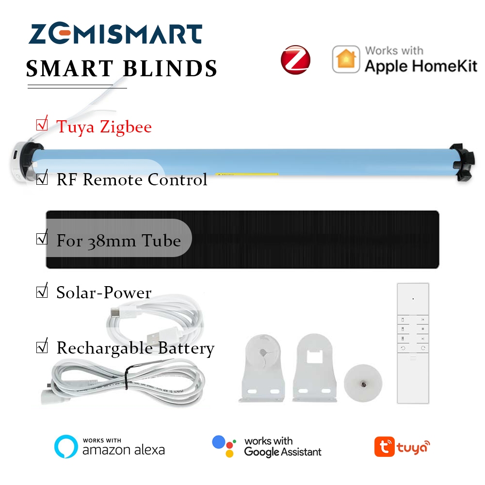 Zemismart Zigbee ไฟฟ้า Roller Shade สมาร์ทผ้าม่านมอเตอร์ชาร์จผ้าม่านสําหรับ 38 มม.หลอด Alexa Google Control Tuya Zigbee Hub ต้องการ,สนับสนุนแผงโซลาร์เซลล์, Homekit ผ่าน ZMHK01/M1 Hub