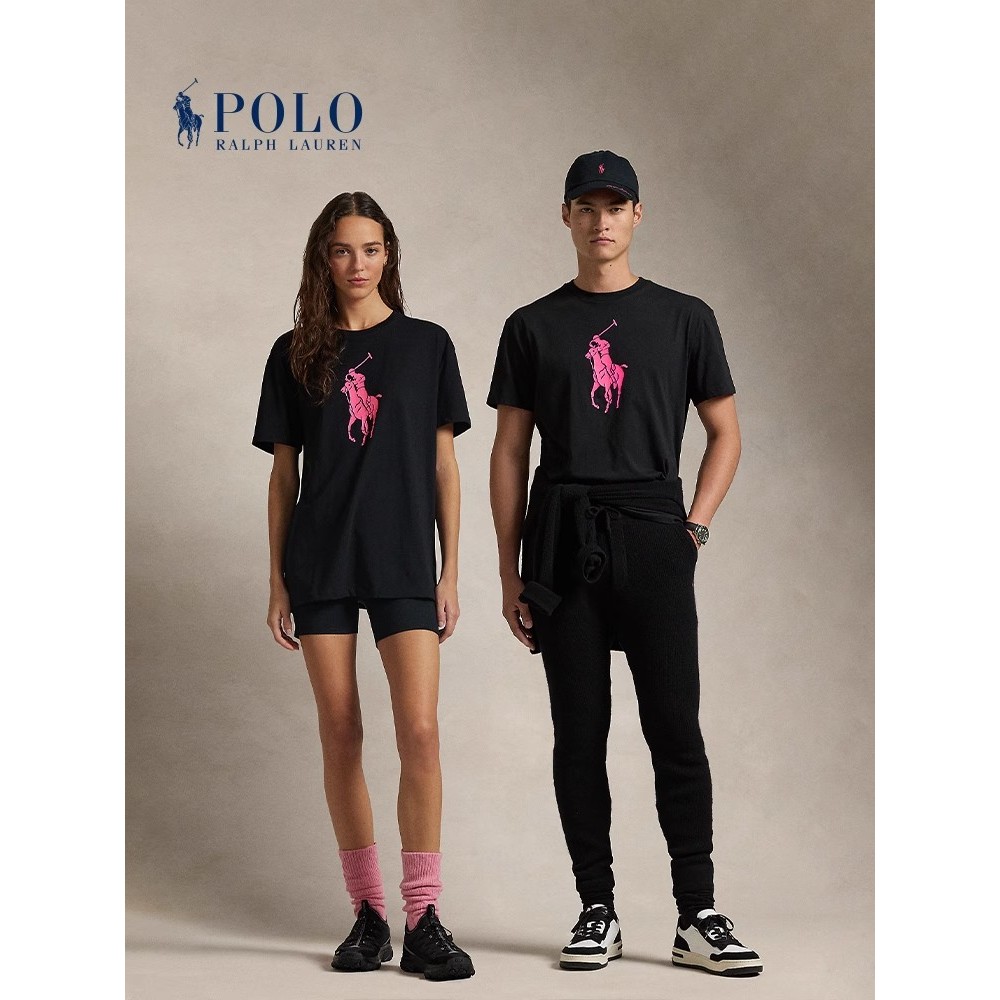 เสื้อยืด Polo RRL Pure Cotton สําหรับผู้ชายและผู้หญิง Pink Pony Classic Short Sleeved