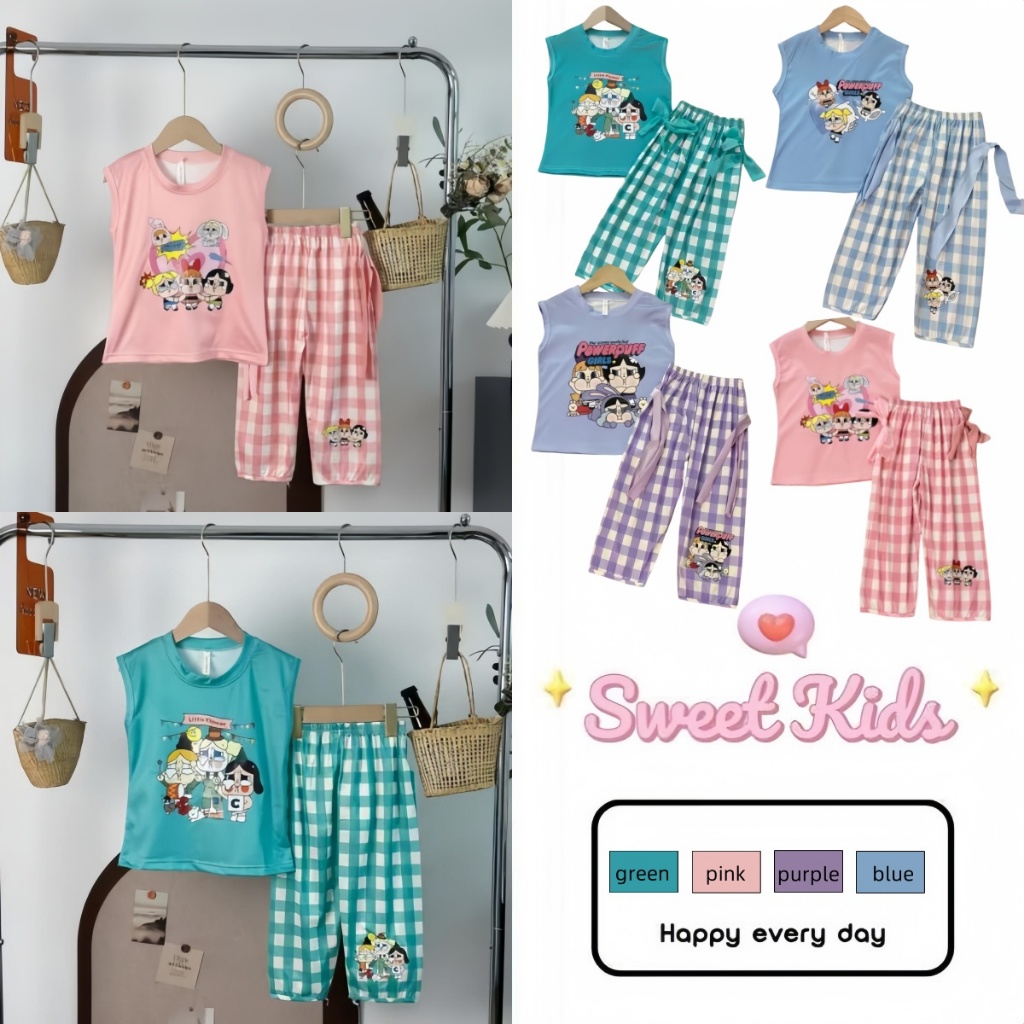 SweetKids พร้อมส่งจากกทม🌸ชุดเซ็ทเด็กแฟชั่น🍓เซตเสื้อ+กางเกงลายสก็อตเด็กผู้หญิงฤดูร้อน สไตล์เกาหลี ชุดแฟชั่น 2 ชิ้น ใส่สบาย
