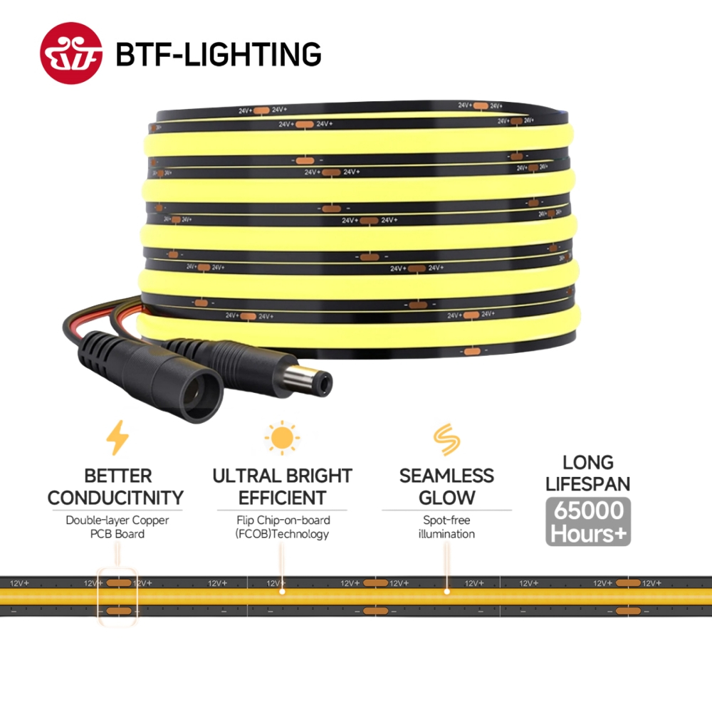 BTF-LIGHTING 5m 480LEDs/m COB แถบไฟ LED แผ่นด้านล่างสีดํา PCB 8 มม. 2700K 3000K 4000K 6000K DC12V/24V RA90 IP30 IP66