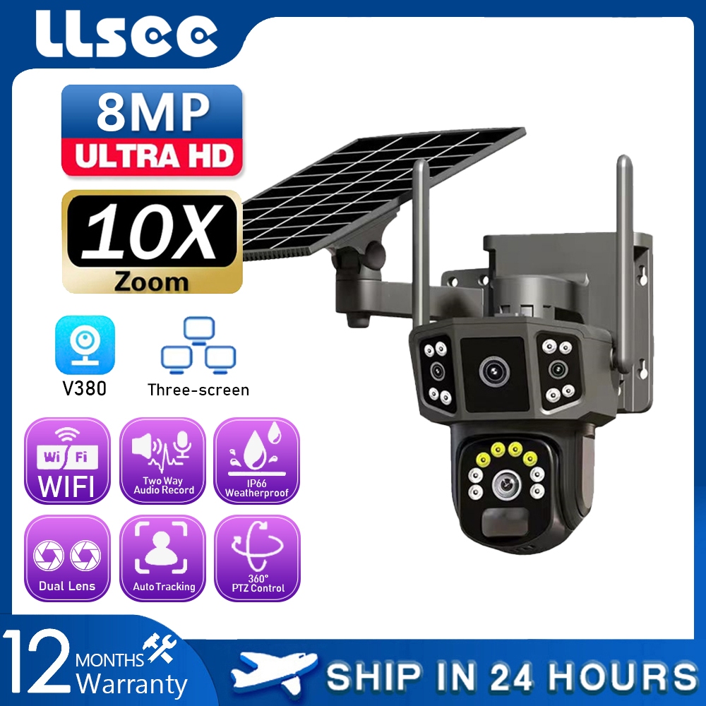 LLSEE V380 pro กล้องพลังงานแสงอาทิตย์ไร้สายเลนส์คู่ 4K บ้าน WIFI กลางแจ้ง 4G กันน้ำซิมการ์ดรักษาความปลอดภัยกล้องติดตามสัญญาณเตือนกลางคืน